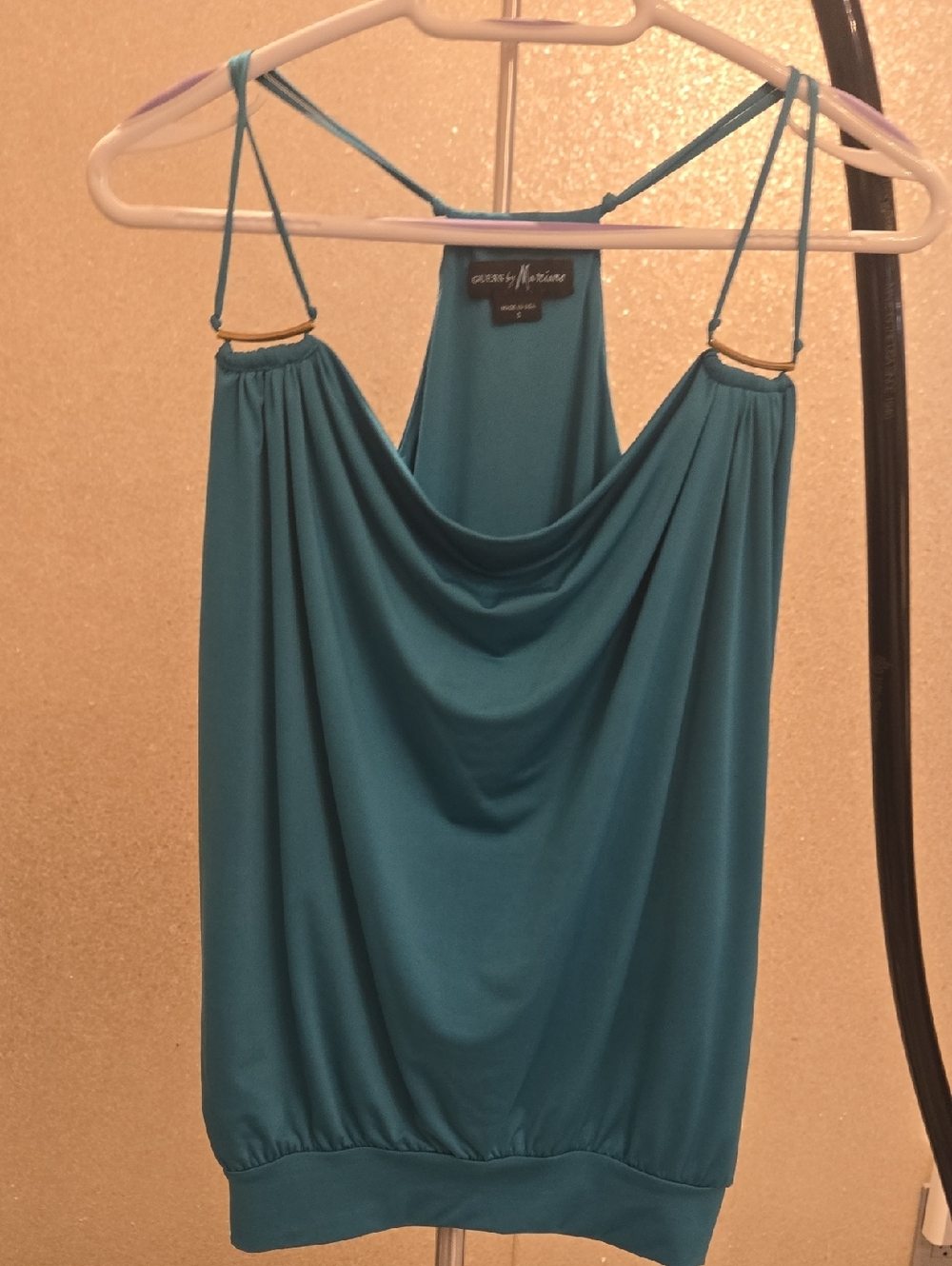 Guess by Marciano Teal Cowl Halter Tank with Gold Ring Accents